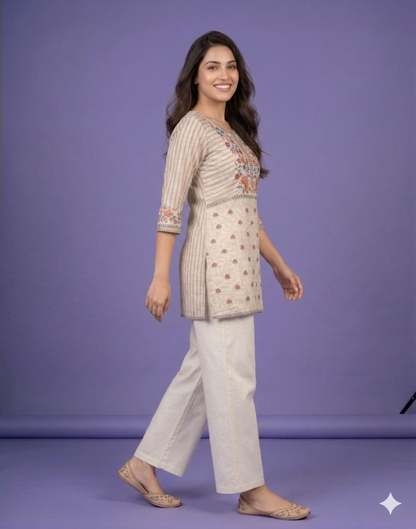 Ivory Round Neck Cotton Short Kurta