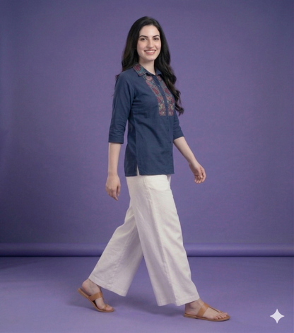 Blue Collard Cotton Short Kurta
