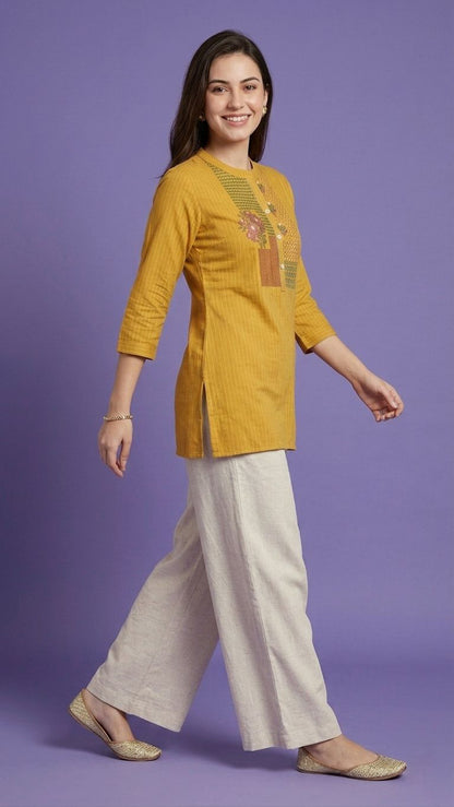 Yellow Mandarin Neck Cotton Short Kurta