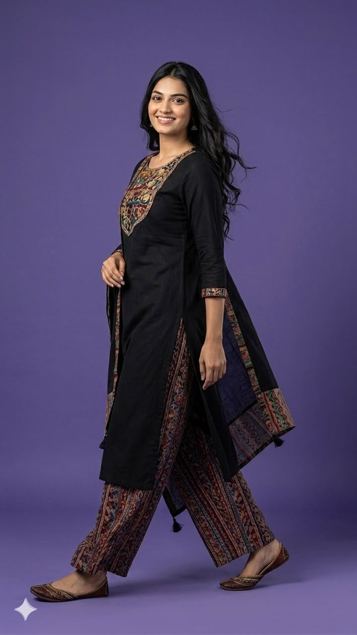 Black Round Neck Silk Kurta Set with Dupatta