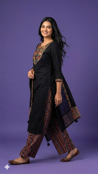 Black Round Neck Silk Kurta Set with Dupatta