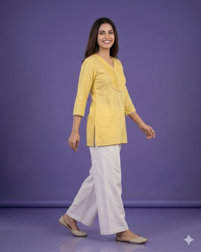 Yellow V Neck Cotton Short Kurta