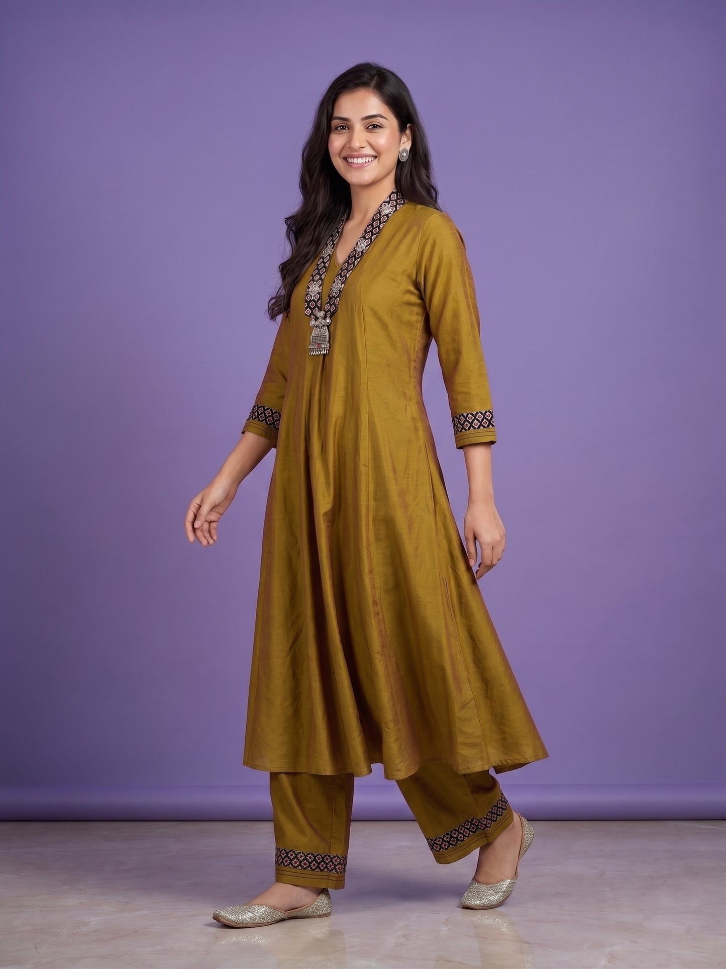 Green V Neck Silk Cord Set