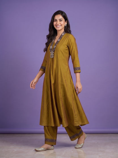 Green V Neck Silk Cord Set