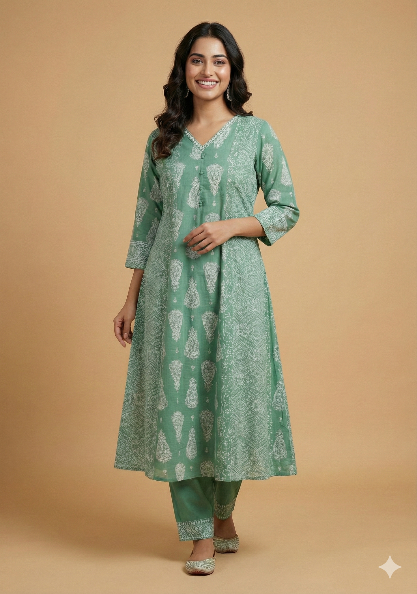 Green V Neck Cotton Kurta