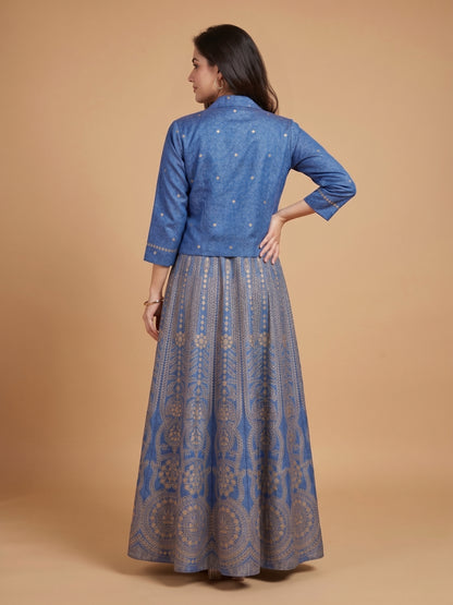 Denim Blue Notched Collar Cotton Gown With Crop Jacket