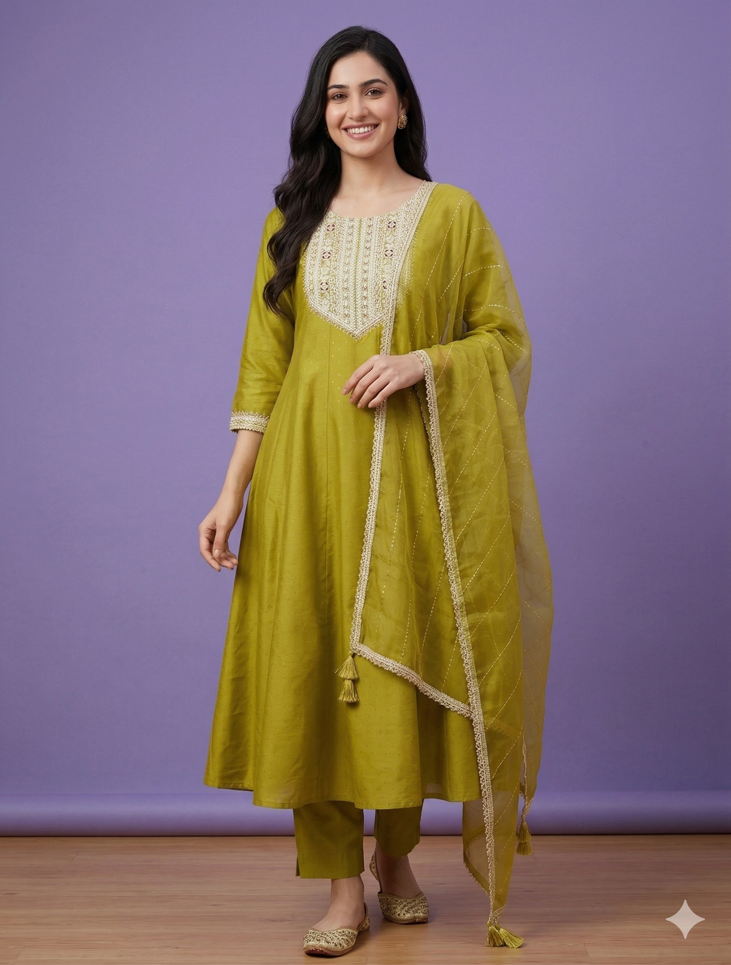 Green Round Neck Silk Gown