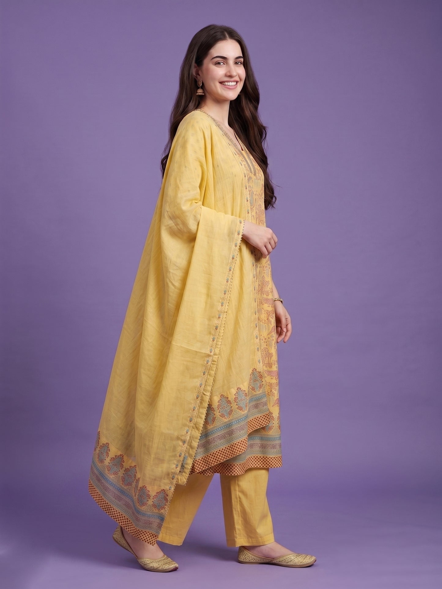 Yellow Deep V Neck Cotton Kurta Set with Dupatta