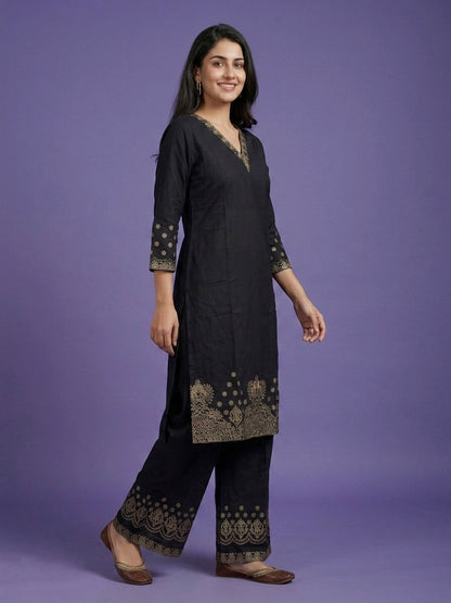 Black V Neck Cotton Cord Set