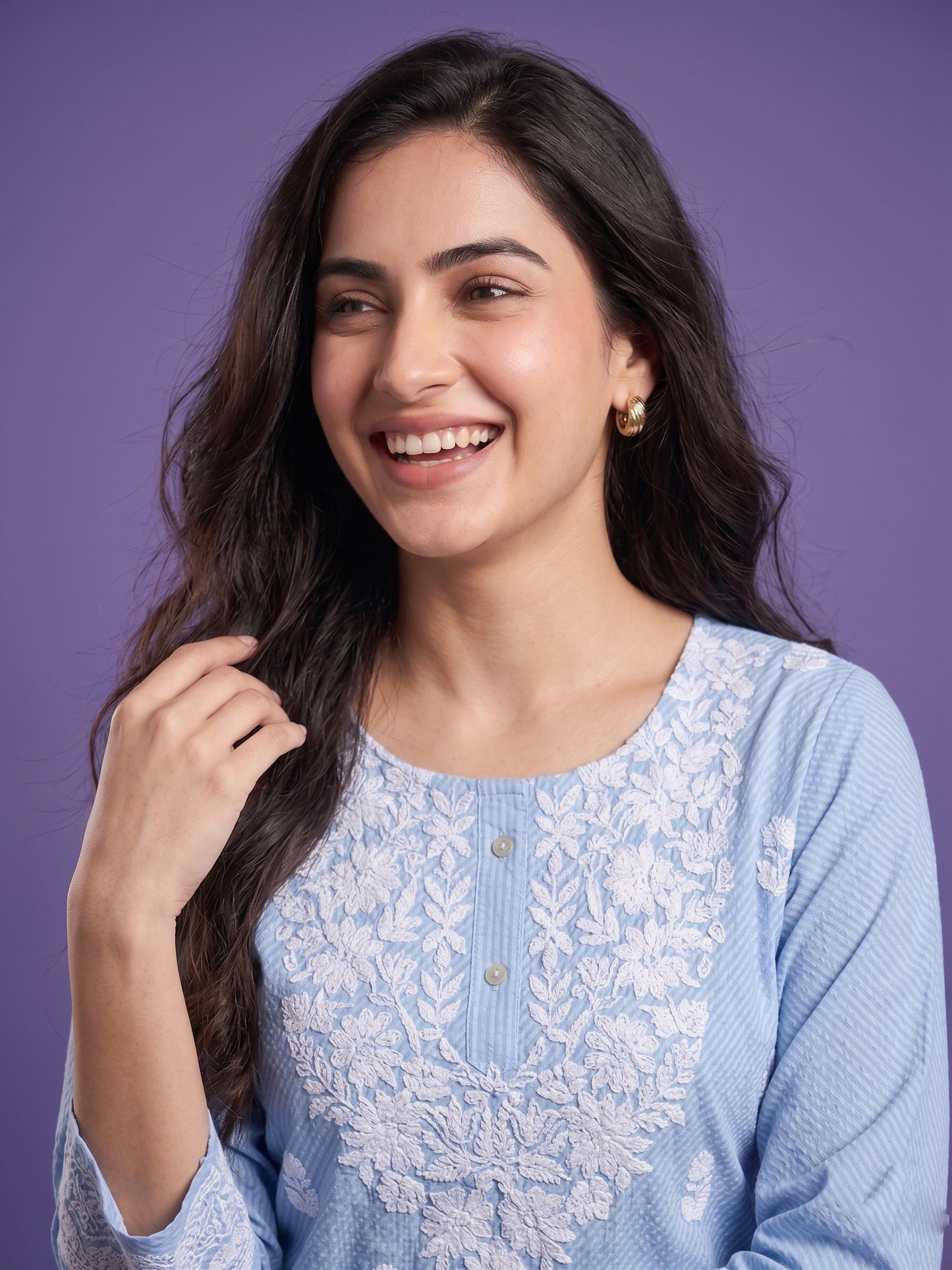 Blue V Neck Cotton Short Kurta