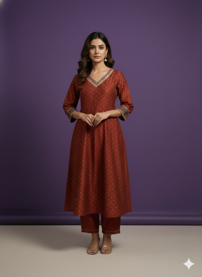 Brown V-Neck Silk Kali Kurta Set with Dupatta