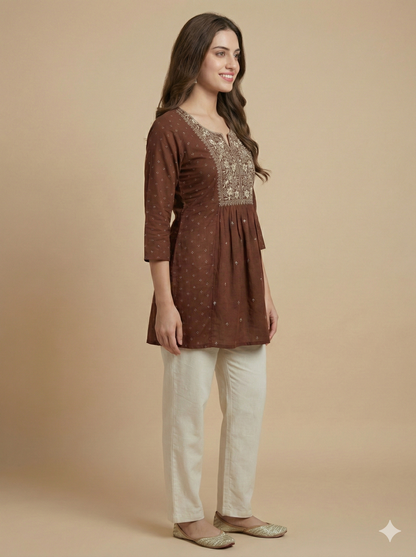 Brown Round V Neck Cotton Short Kurta