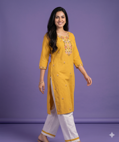 Yellow Round V Neck Cotton Cord Set