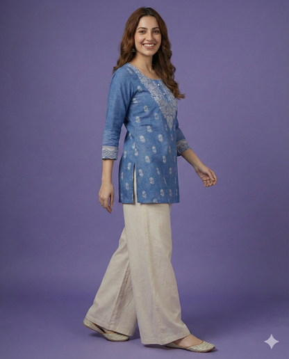 Blue Round Neck Cotton Short Kurta