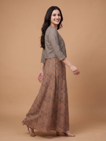 Grey Round Neck Cotton Naps Gown With Crop Jacket