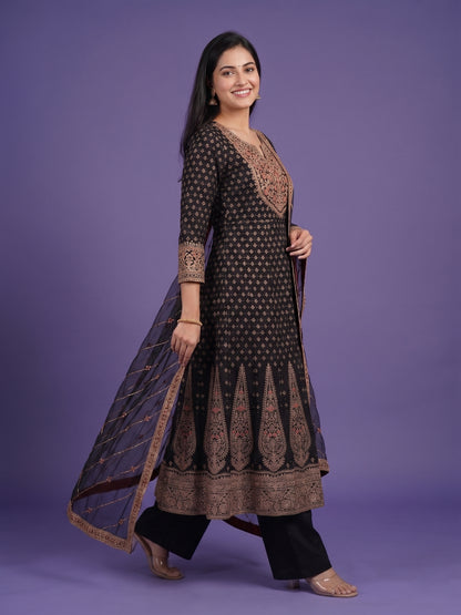 Black Round V-Neck Silk Kurta Set with Dupatta