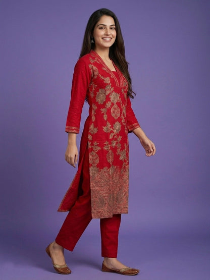 Red High V Neck Viscose Cord Set
