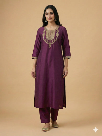 Purple Round Neck Silk Kurta Set with Dupatta