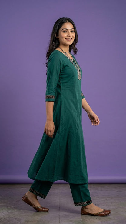 Green V Neck Slik Cord Set