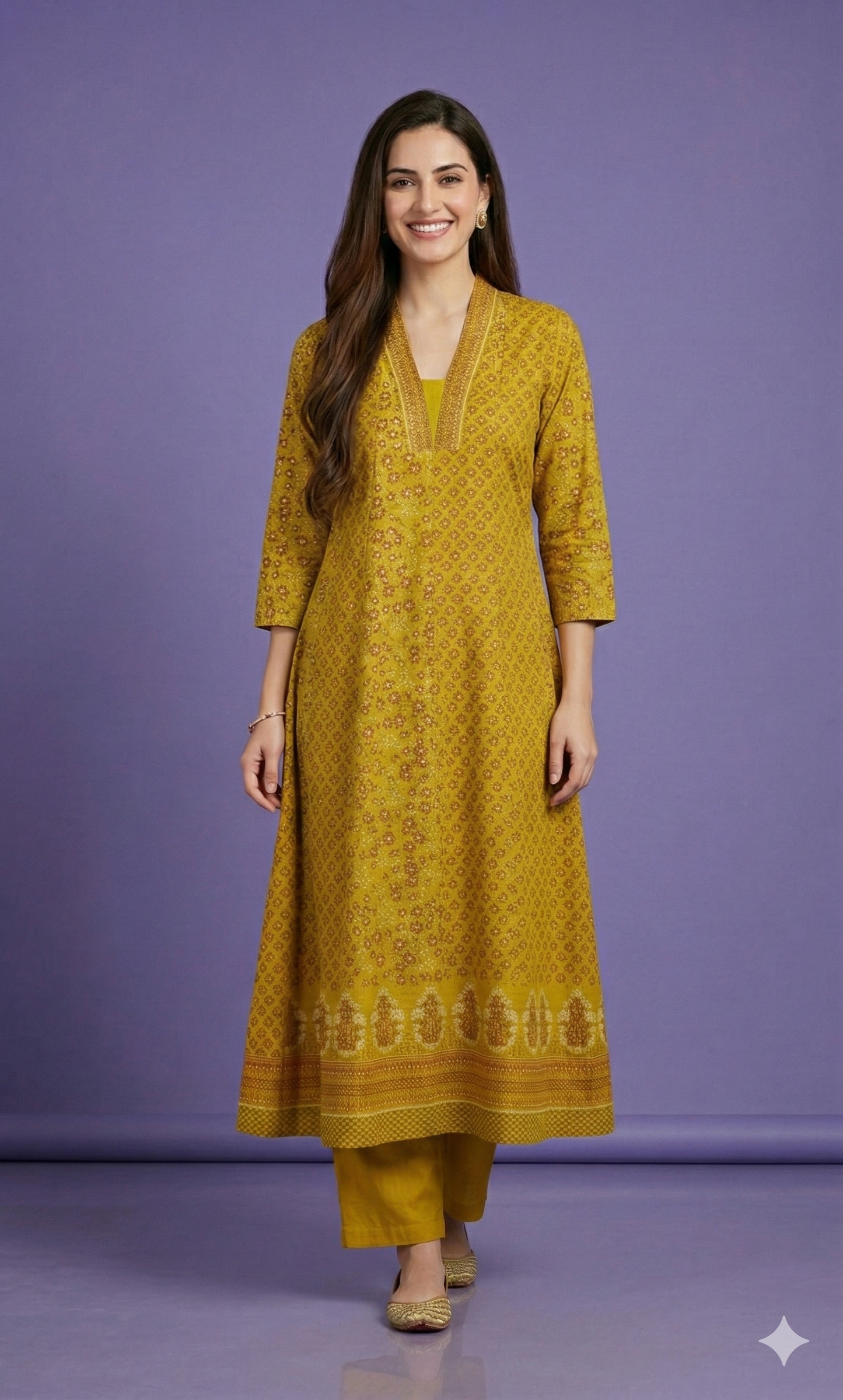 Yellow Deep-V Cotton Kurta Set with Dupatta
