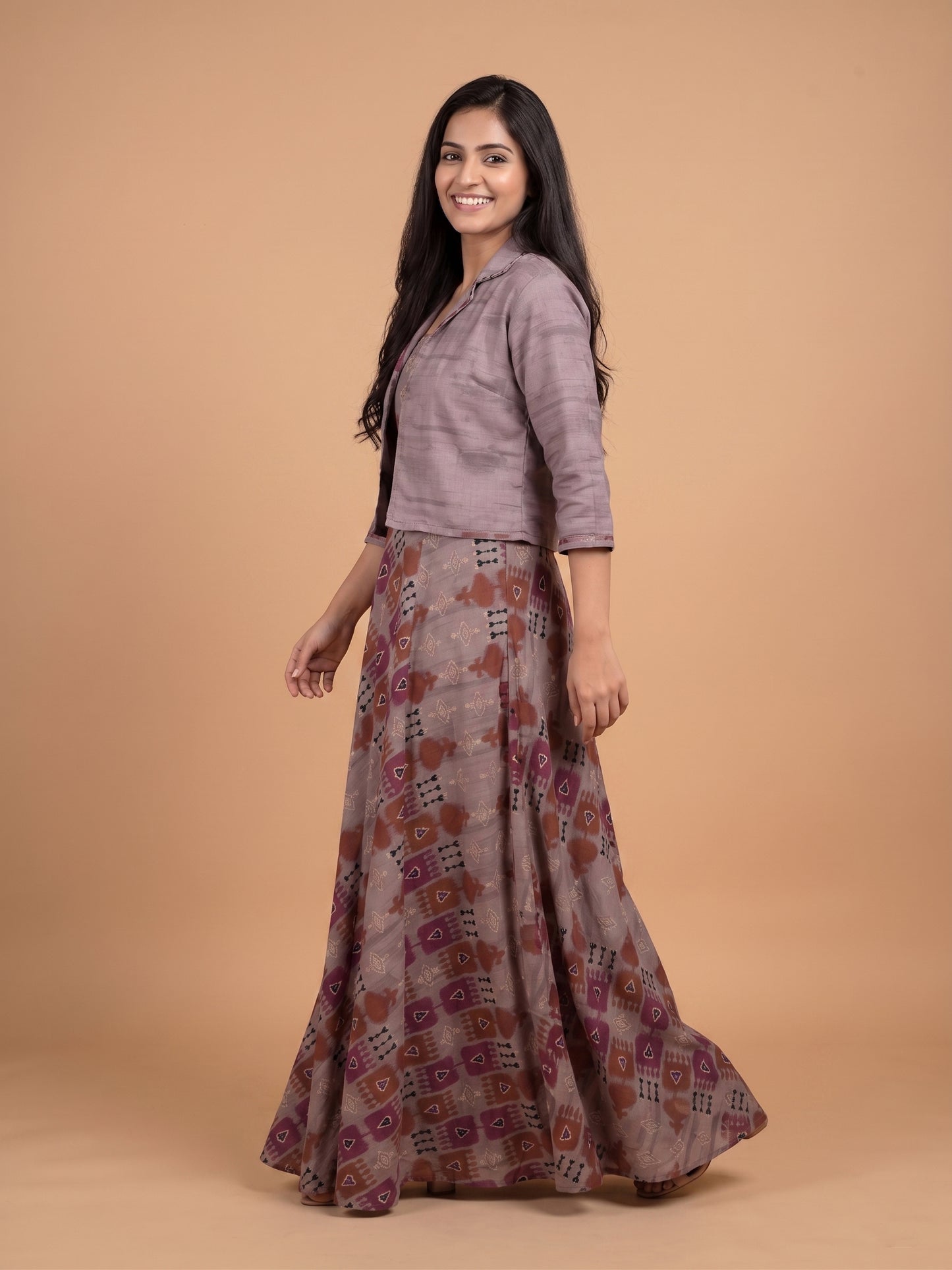Grey Round Neck Cotton Mulmul Gown With Crop Jacket