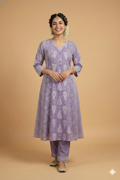 Purple V Neck Cotton Kurta