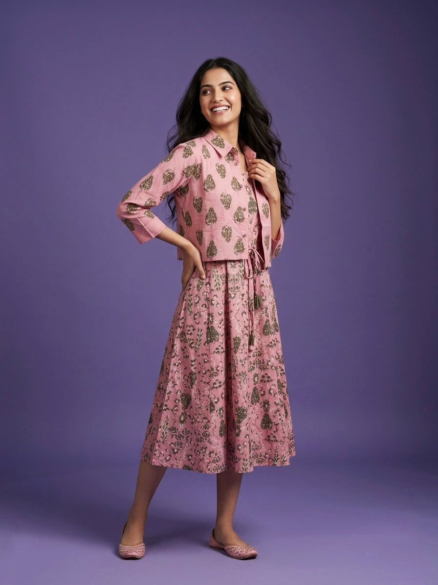 Pink Round Neck Cotton Kurta  With Crop Jacket