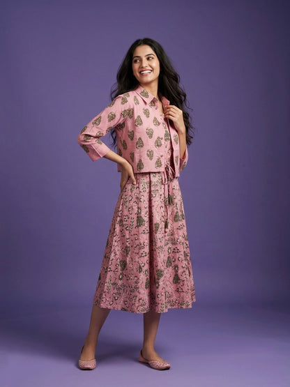 Pink Round Neck Cotton Kurta  With Crop Jacket