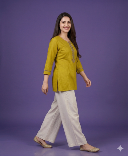 Green Round Neck Cotton Short Kurta