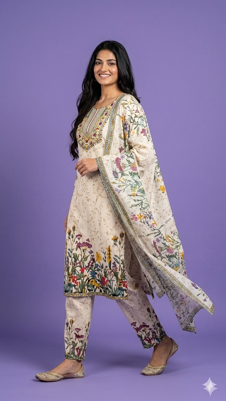 Ivory Round Neck Cotton Kurta Set with Dupatta
