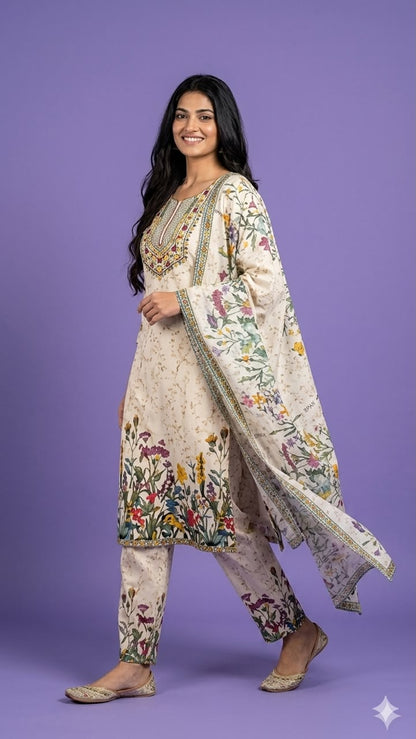 Ivory Round Neck Cotton Kurta Set with Dupatta
