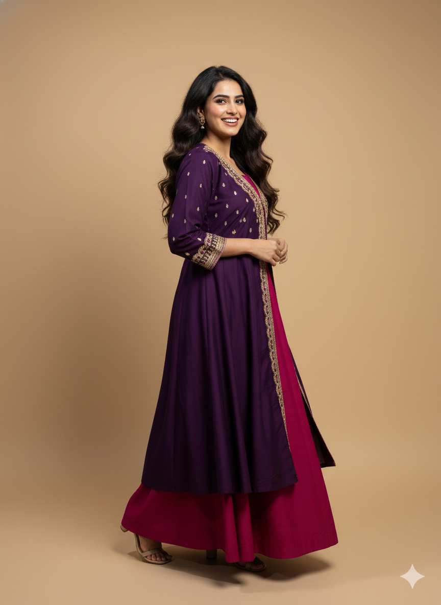 Purple Deep-V Silk Gown