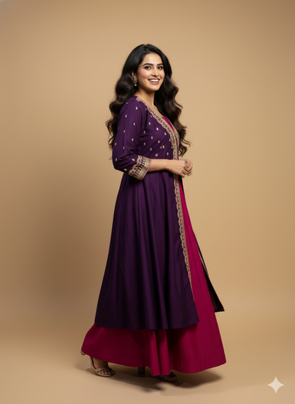 Purple Deep-V Silk Gown