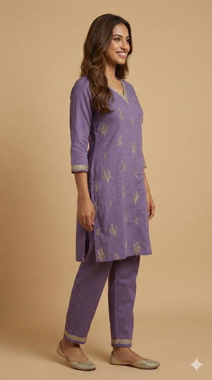 Purple V Neck Cotton Cord set