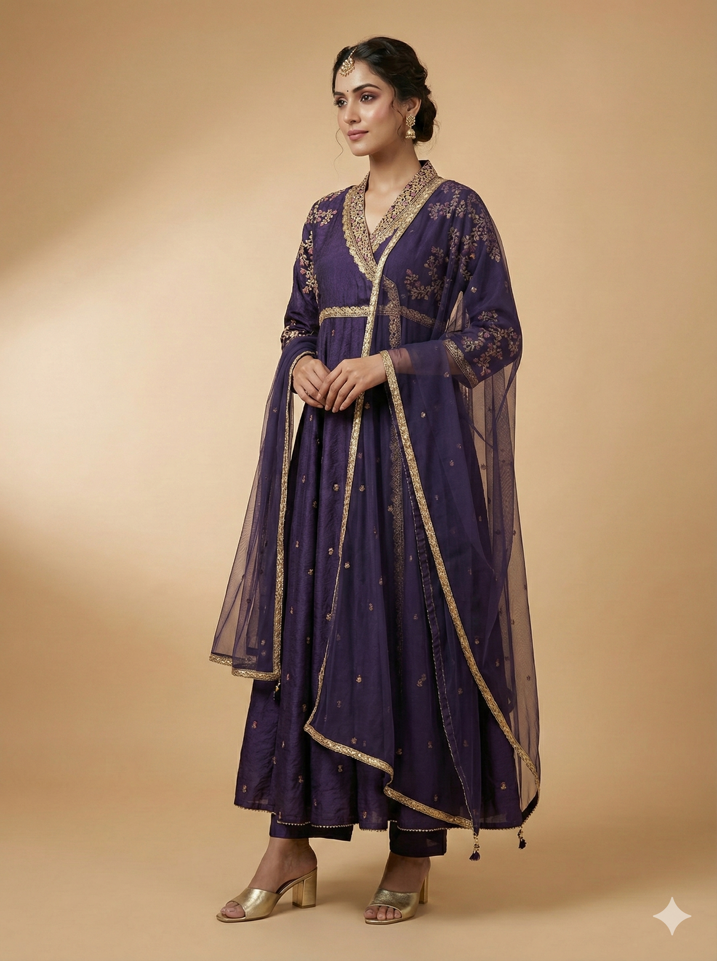 Purple Deep V Neck Viscose Kurta Set with Dupatta