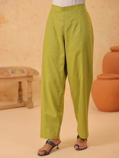 Green V Neck Cotton Kurta Set with Dupatta