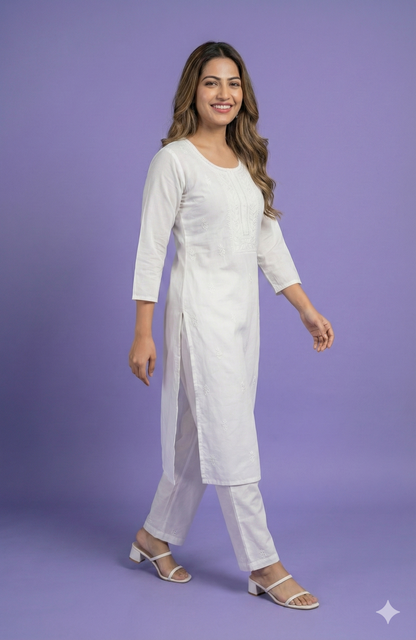White Round Neck Silk Kurta