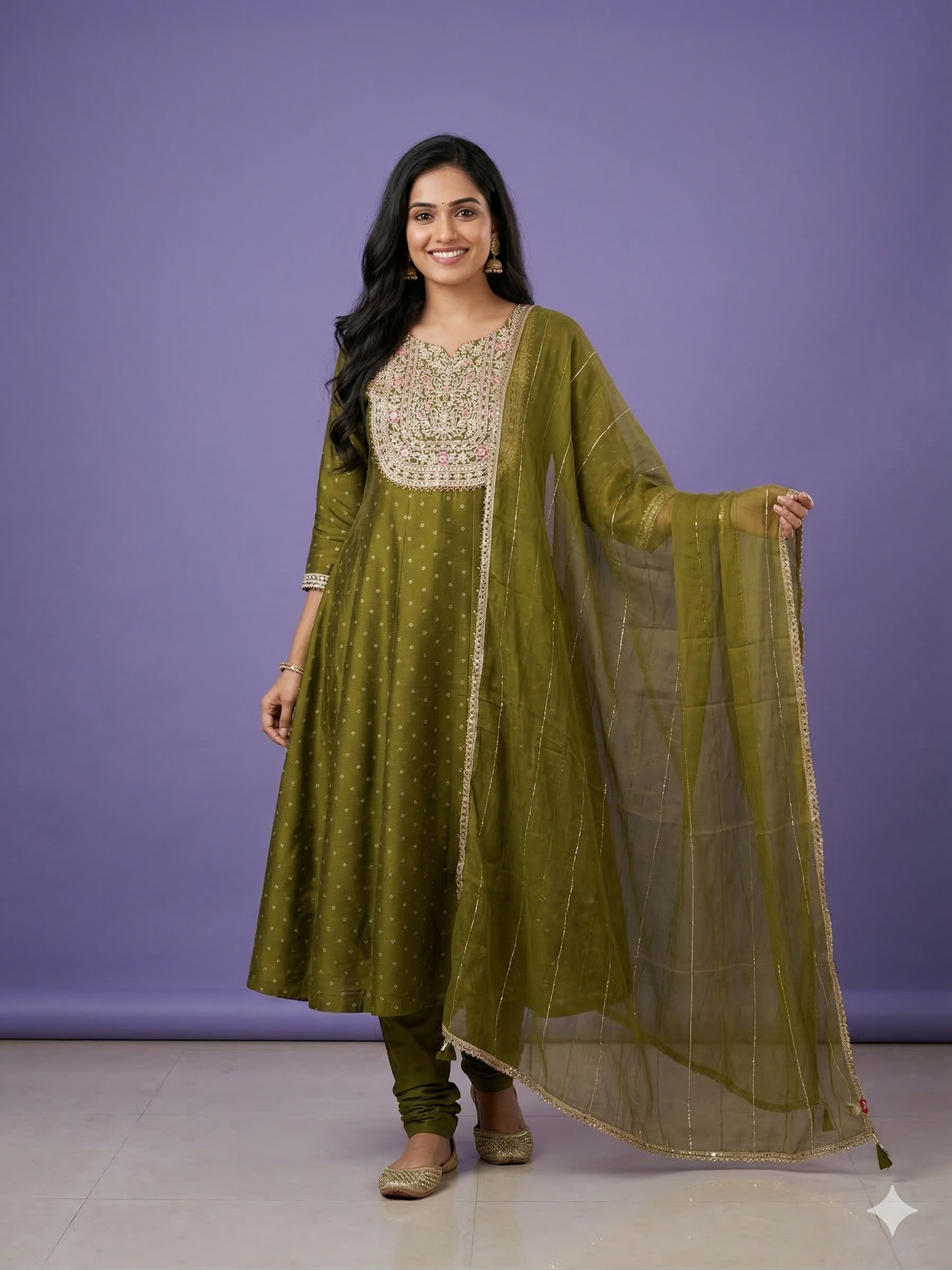 Green Round V Neck Silk Kurta