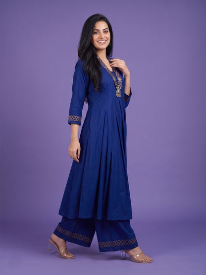 Blue V Neck Silk Cord Set