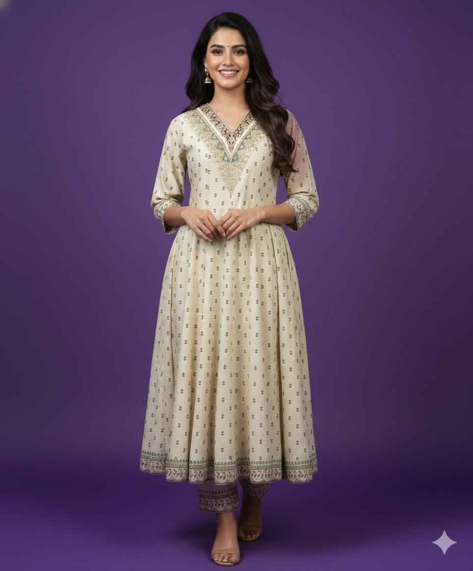 Ivory V Neck Silk Kurta Set with Dupatta