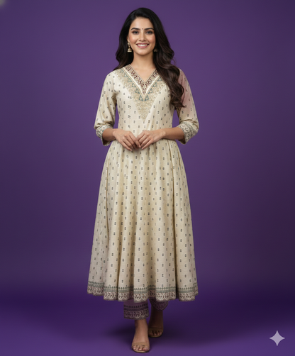 Ivory V Neck Silk Kurta Set with Dupatta
