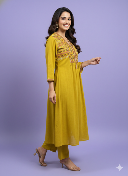 Green V Neck Cotton Kurta