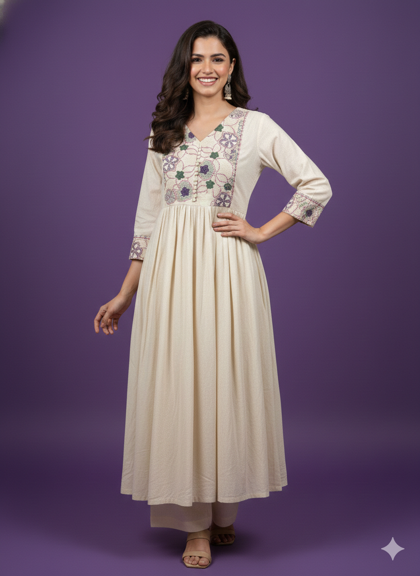 Ivory V Neck Cotton Kurta