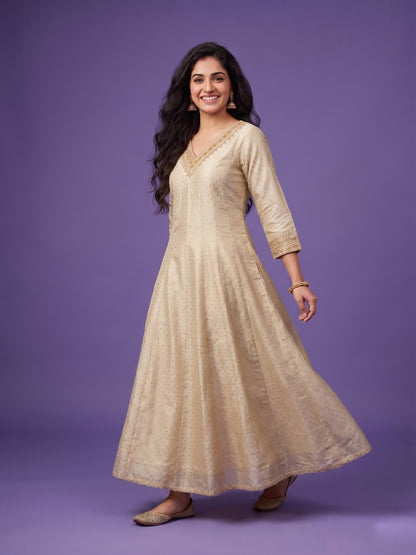White V Neck Silk Gown With Dupatta