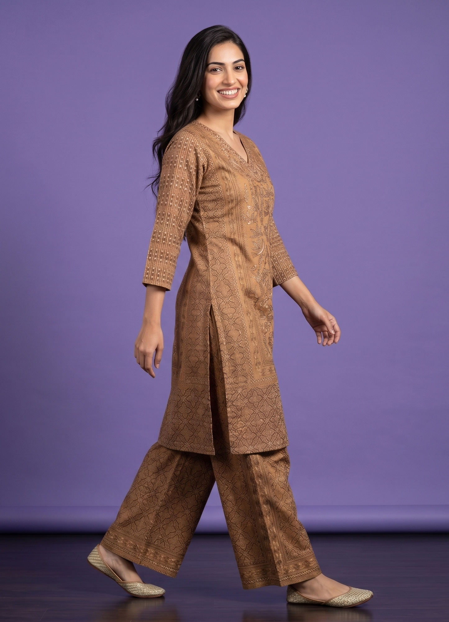 Brown V Neck Cotton Cord Set