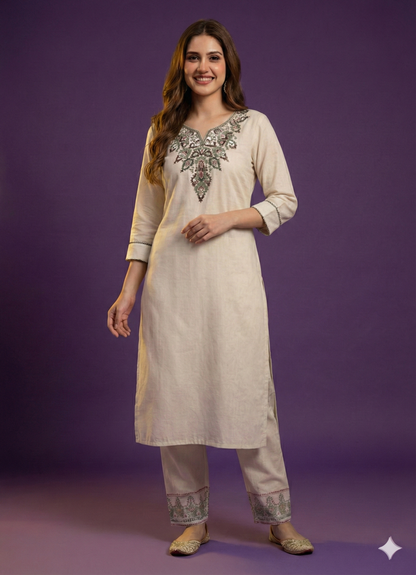 Ivory Round Neck Cotton Kurta