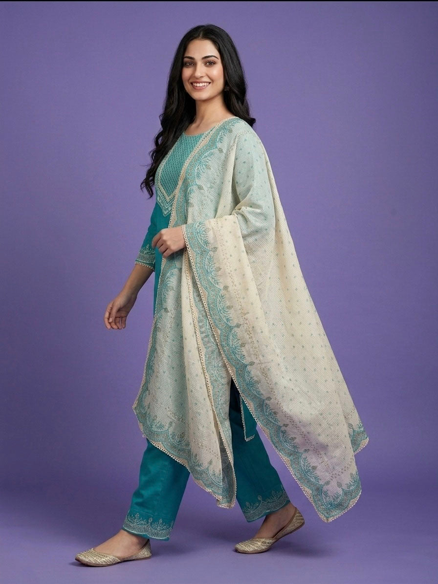 Blue Round Neck Cotton Kurta Set with Dupatta