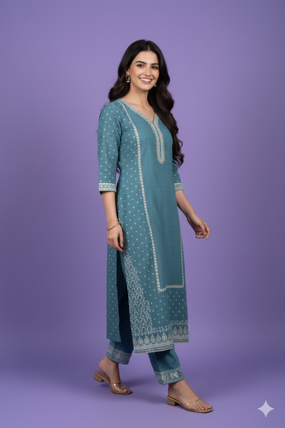 Blue V Neck Cotton Kurta