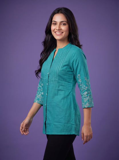 Green Mandarin Neck Cotton Short Kurta