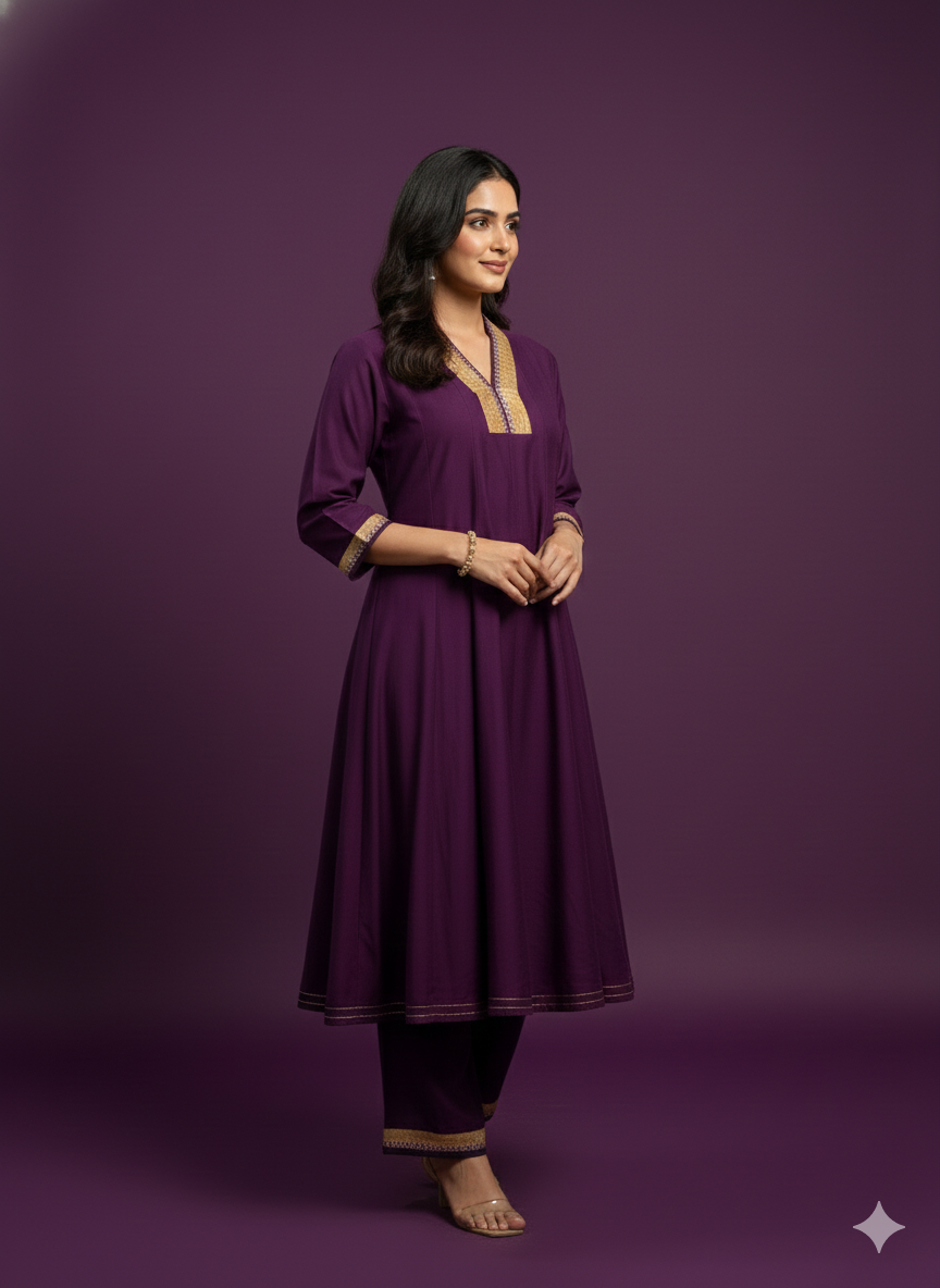 Purple V Neck Silk Kurta Set